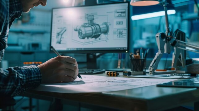 Engineer draws blueprint of engine concept, refers to computer. Engineering bureau and industrial design lab with varied robotic, architectural and industrial components in sight.