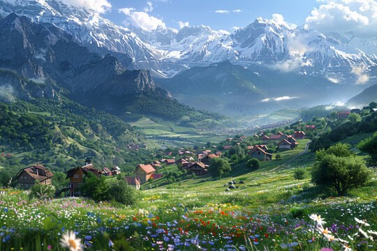 An aerial view of a picturesque village with charming houses nestled in a lush, green mountain valley. Snow-capped peaks surround the valley, and the landscape is dotted with blooming wildflowers 