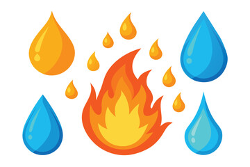 Fire and water set. Flames of different shapes. Different Water Drops. Vector cartoon illustration