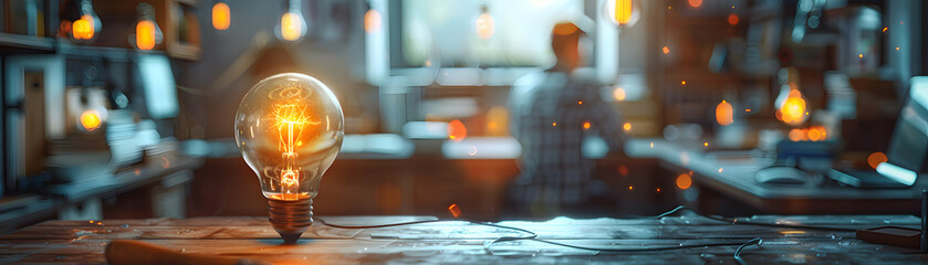 Photo realistic concept: Designer sketching with light bulb, showcasing creativity and innovation in work