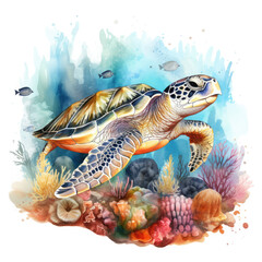 Wall Mural - Watercolor Coral Reef Sea Turtle Fish, clipart Illustration, Generative Ai