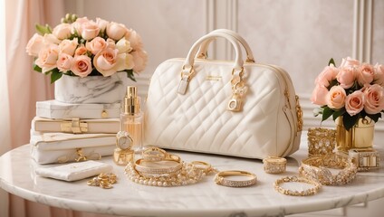 There is a white quilted handbag with a gold chain strap sitting on a marble table. Next to it are several pieces of jewelry, including bracelets and necklaces. In the background, there are pink roses