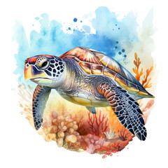 Wall Mural - Watercolor Coral Reef Sea Turtle Fish, clipart Illustration, Generative Ai