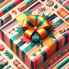 Artistic depiction of a meticulously wrapped gift box with colorful stripes and a large decorative bow, amidst a variety of party elements.