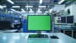 © Антон Сальников - On the desk, a personal computer shows a green display with chroma key. In the background, there is CNC machinery and robotic arms used by production line workers.