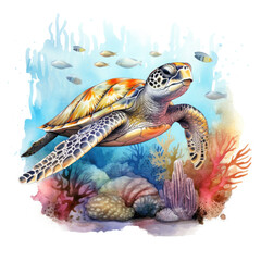 Wall Mural - Watercolor Coral Reef Sea Turtle Fish, clipart Illustration, Generative Ai