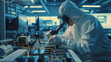 Poster - Developing high-tech modern electronics in a major research factory cleanroom with engineers wearing coveralls and gloves inspecting motherboard components with microscopes