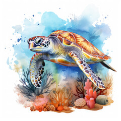 Watercolor Coral Reef Sea Turtle Fish, clipart Illustration, Generative Ai