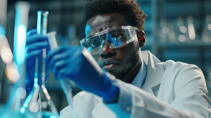 Poster - Stylish African American Microbiologist Mixing Chemicals in a Lab with Protective Goggles. Handsome Black Scientist Working in Modern Laboratory with Technological Equipment.