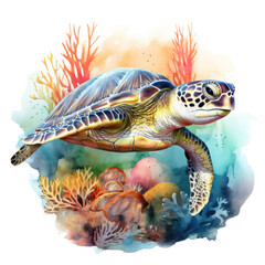 Wall Mural - Watercolor Coral Reef Sea Turtle Fish, clipart Illustration, Generative Ai