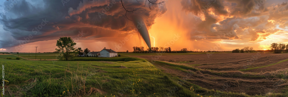 Tornado touching down in a rural area, intensified by changing climate ...