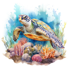 Watercolor Coral Reef Sea Turtle Fish, clipart Illustration, Generative Ai