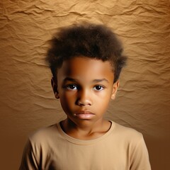 Wall Mural - Beige background sad black American African child Portrait of young beautiful kid Isolated Background racism skin color depression anxiety fear burn out health issue problem mental 