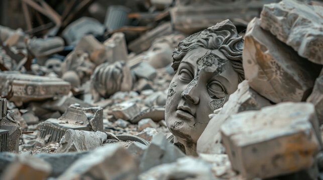 War-torn cultural site, broken statues and shattered remnants of historic significance lying in the rubble, emphasizing the devastation caused by warfare.