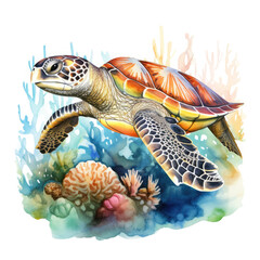 Watercolor Coral Reef Sea Turtle Fish, clipart Illustration, Generative Ai