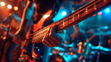 Concert in a Night Club. Musician Plays Five String Bass Guitar. Live Music Party at a Night Club with Bright Colorful Strobing Lights.