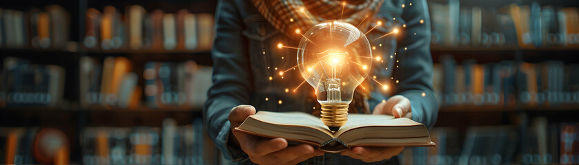 Wall Mural - Innovative Educator Holding Light Bulb and Books, Symbolizing Introduction of Ideas in Education   Photo Realistic Concept