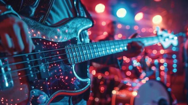Concert in a Night Club. Five String Bass Guitar Played by a Musician. Concert in front of Bright Colorful Strobing Lights.