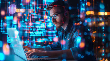 Digital technology, global internet network, Ai Artificial intelligence, big data concept. Computer programmer, software engineer coding on laptop, global network, cyber security