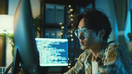 An image with a visualisation of running script code is shown in the foreground. A young Japanese man is working on a desktop computer at night in his office. He is a digital entrepreneur designing