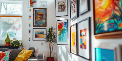 Trendy Painting Corner: The room also has a section dedicated to displaying artwork, with a gallery wall showcasing various paintings and prints in eclectic frames