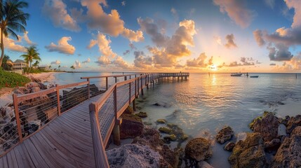 Sticker - Panorama view of footbridge to the Smathers beach at sunrise - Key West, Florida.