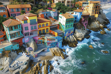 Wall Mural - An aerial view of an artistic seaside enclave with colorful murals adorning the buildings. The cityscape is framed by rocky cliffs and crashing waves, with local art galleries and cafes adding to the 