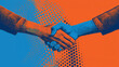 © Roxy jr. - Stylized handshake in a poster style. In the style of lithography in blue and orange colors.