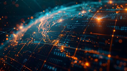 Digital planet Earth with glowing connections and data flow lines in space, depicting a global network concept as a background for technology or business theme design.
