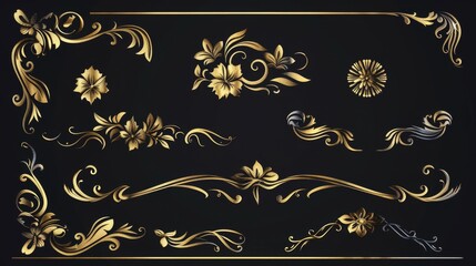 Wall Mural - Gold decorative horizontal floral elements with borders, corners, and frames in modern format