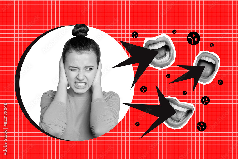 Composite photo collage of unhappy scared girl victim shut ears mouth ...