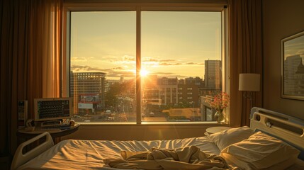Wall Mural - Hospital Room With A City View At Sunset
