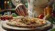 © Антон Сальников - Professional Chef Preparing Pizza, Kneading Dough, Adding Ingredients, Cheese, Vegetables, Traditional Family Recipe. Authentic Pizzeria with Delicious Organic Food.