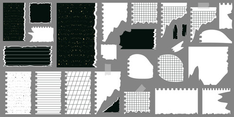 Big set Mockup of trend Torn and Crumpled collage Paper with noise texture. Kit of Torn pieces of Paper, checkered notebook pages. Halftone Vector illustration for social media design.