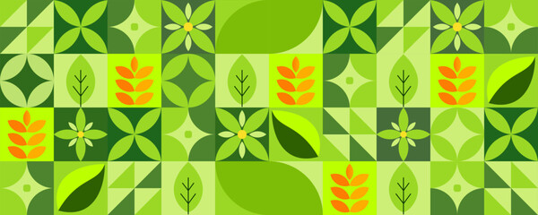 Illustration of a fresh and geometric green leaf seamless pattern with natural abstract shapes