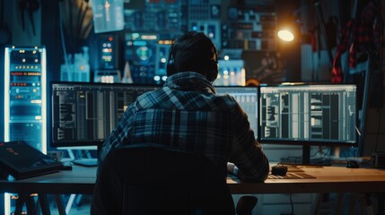 Wall Mural - Software Developer wearing casual clothes and wearing headphones updating the database for the server system in a dark research facility.