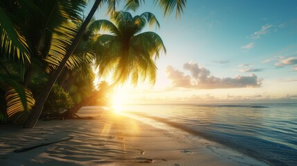 Wall Mural - Tropical Beach Sunrise with Palm Trees and Tranquil Ocean Waves