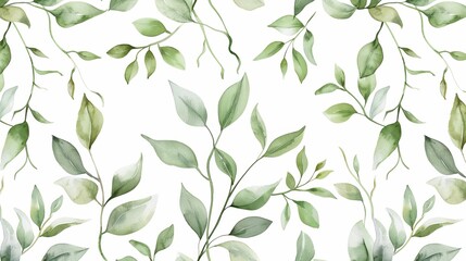 Wall Mural - Watercolor floral pattern with green leaves and branches on white background, ideal for wrappers, wallpapers, postcards, greeting cards, wedding invitations and romantic events.