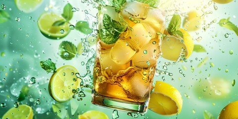 Wall Mural - a glass of lemonade with ice and mint on a green background with lemons and mint leaves and water droplets