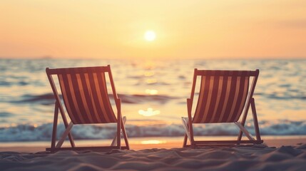 Wall Mural - Sunset Beach Chairs. Relaxed Coastal Scene with Tranquil Ocean Waves and Climate Reflection