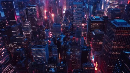 Canvas Print - New York City skyscrapers, illumination, advertising billboards, high angle aerial photo shot from an aircraft.