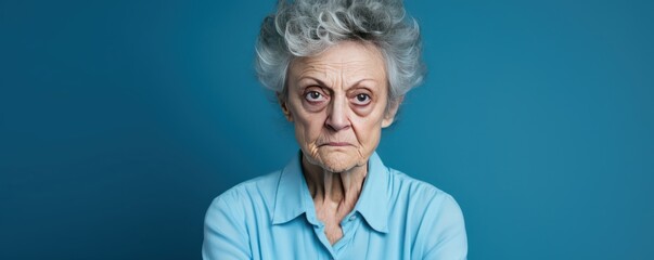 Blue background sad European white Woman grandmother realistic person portrait of young beautiful bad mood expression Woman Isolated Background depression anxiety fear burn 