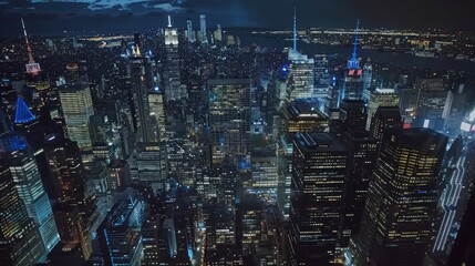 Wall Mural - Panoramic aerial view of New York City architecture from a helicopter. Dynamic cityscape with office buildings and traffic on streets.