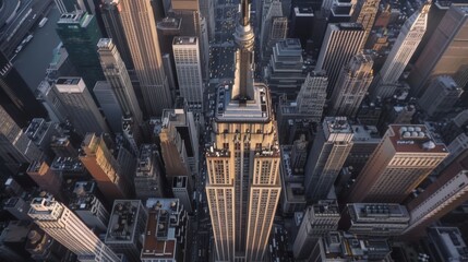 Canvas Print - The Empire State Skyscraper is shown in this panoramic aerial shot from the top. The helicopter view shows the top deck observation platform with tourists as well as the rooftop observatory.