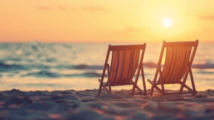 Beach Sunset with Two Empty Deck Chairs on Sandy Shoreline