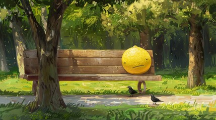 Wall Mural - Lemon on a bench in a sunny park for a summer themed design