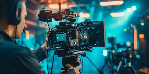 a man is recording a video in a dark room with blue lights and headphones on his head and a camera