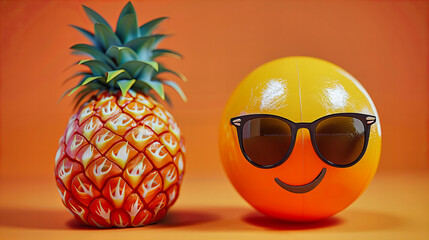 Wall Mural - Summer Fun with Pineapple Wearing Sunglasses, Tropical Yellow Fruit on Pink Background