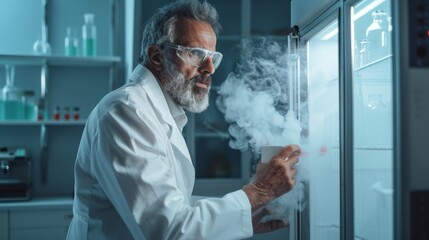 Wall Mural - The senior medical researcher opens the refrigerator box and smoke is seen coming out of it. He works in a busy modern lab.