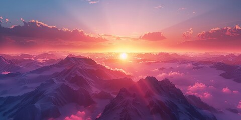 Wall Mural - beautiful sunrise over the mountains,  a breathtaking panorama of majestic peaks against a backdrop of golden sunlight.